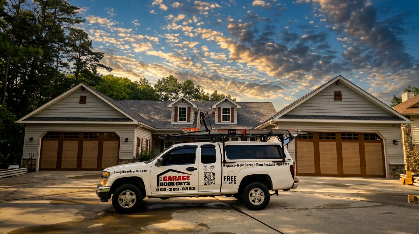 The Garage Door Guys service truck parked in front of a home with two new wood-look garage doors